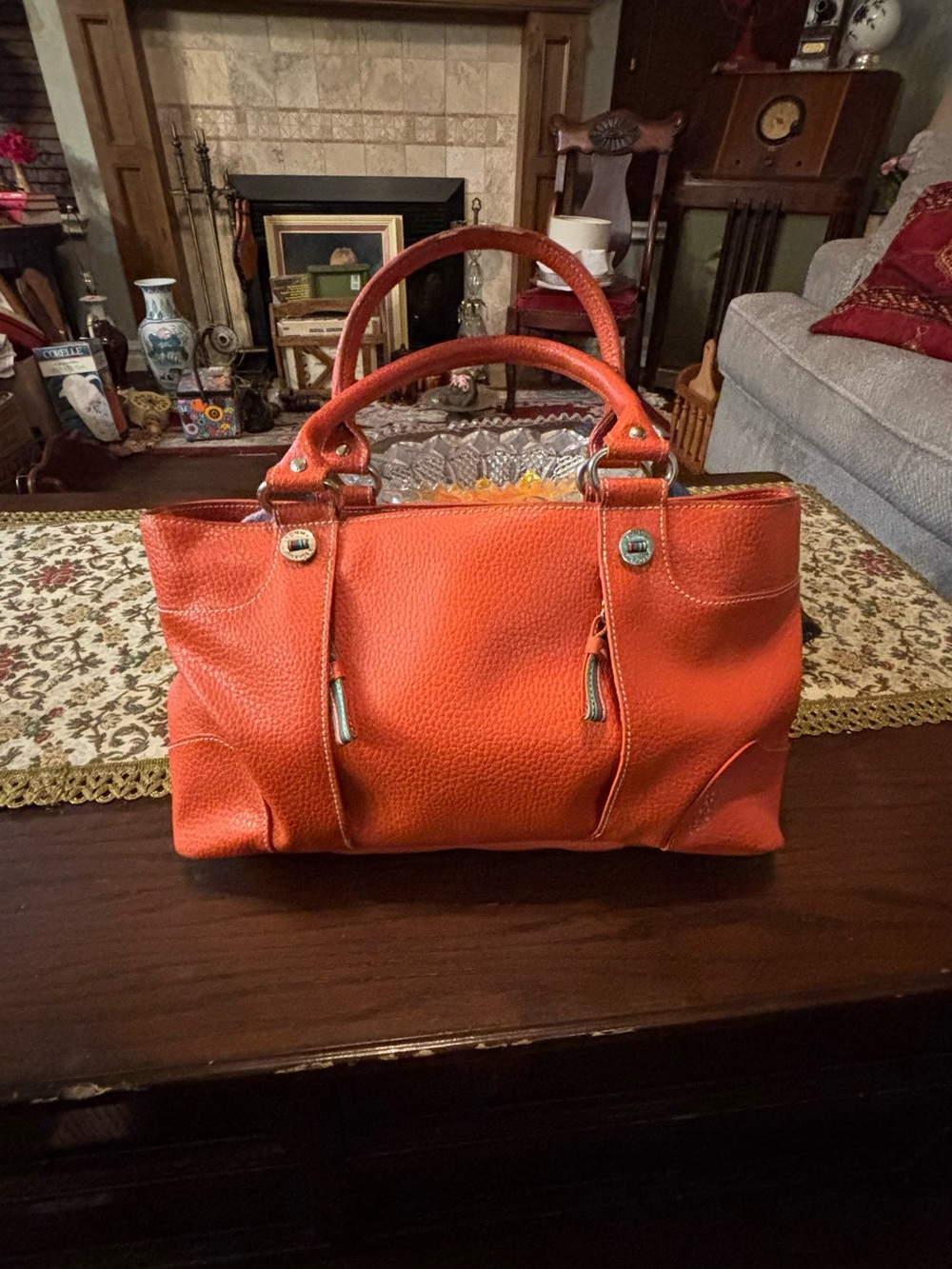 Vintage Y2K Tommy Hilfiger Orange Pebbled Leather Handbag Tote Satchel